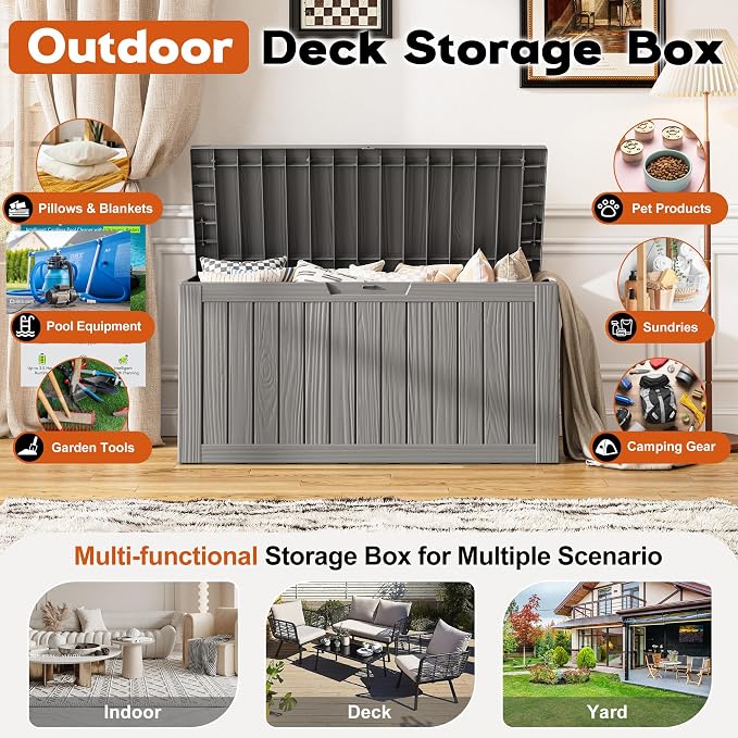 Outdoor Storage Box, Resin Deck Boxes Indoor and outdoor, Waterproof Storage Box Lockable Lid (Grey, 80 Gallon)