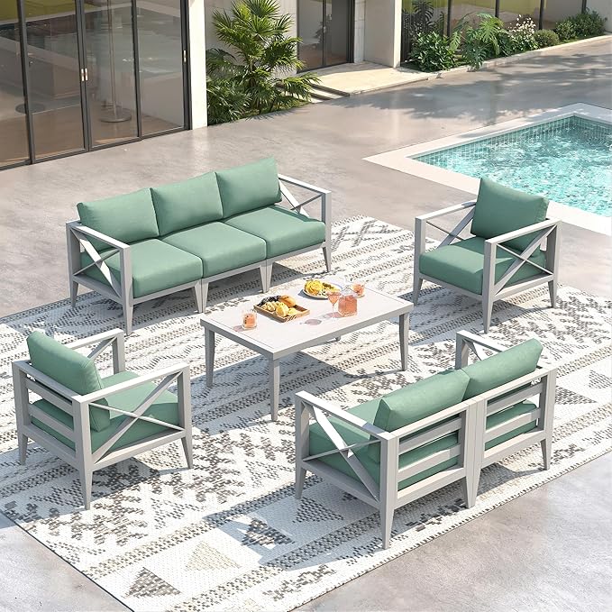 7-Seats Aluminum Outdoor Patio Furniture Set, Sectional Conversation Sofa Set with 5.2" Thick Cushions & Coffee Table,Rust-Resistant Frame Seating Sofa for Porch, Garden, Backyard, White