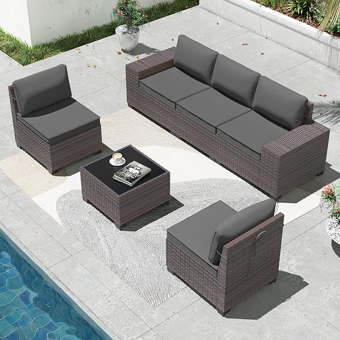 6 Pieces Patio Furniture Sets with Glass Tea Table,PE Rattan Wicker Patio Conversation Set with Washable Cushions,Outdoor Patio Sectional Furniture Set for Backyard, Poolside, Garden,Grey