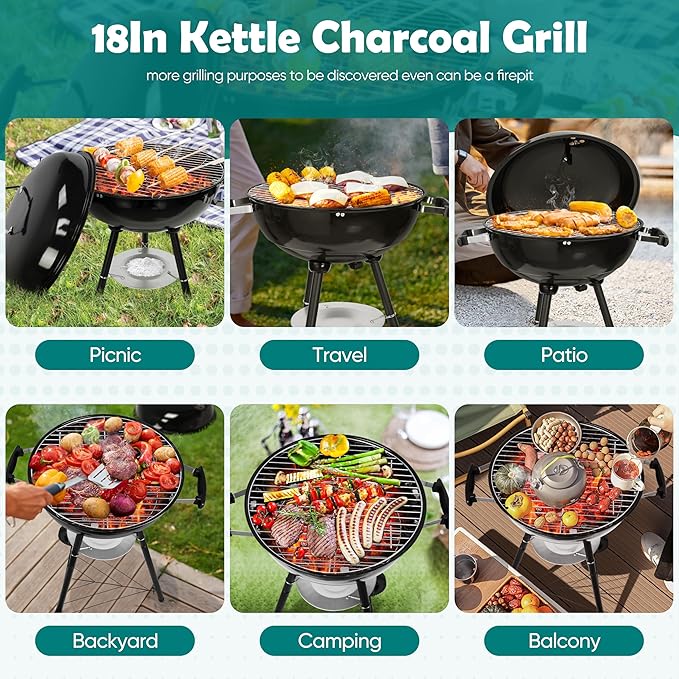 HaSteeL 18 Inch Charcoal Grill, Black Kettle Outdoor Barbecue Grill, 2-In-1 Portable BBQ Grill with Wheels for Camping Backyard Patio Picnic, Porcelain-Enameled Lid & Fire Bowl, 254.SQ.IN Cooking Area