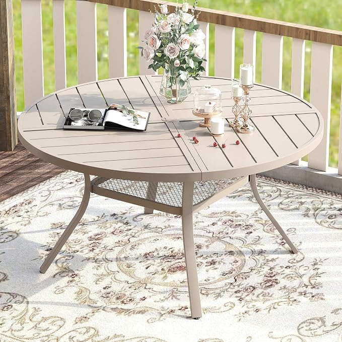 VICLLAX Round Patio Table with Adjustable Umbrella Hole for 6, All Weather Metal Outdoor Dining Table for Lawn Garden, 47.2" Outdoor Coffee Table, Cream Color Frame