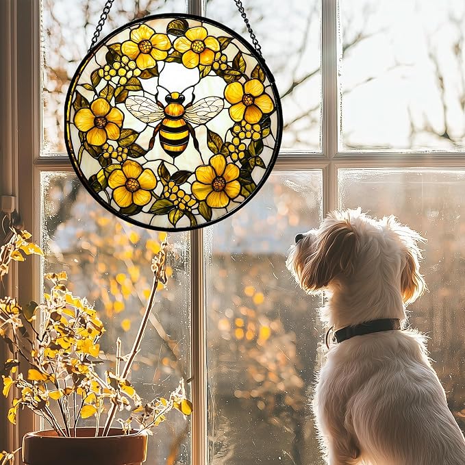 Stained Glass Window Hanging - Yellow Flowers Surrounded by Bees Sun Catcher for Door Garden Home Decor Cute Suncatcher Christmas Mother's Day Birthday Gifts for Women Men Mom Nana 6.3 in