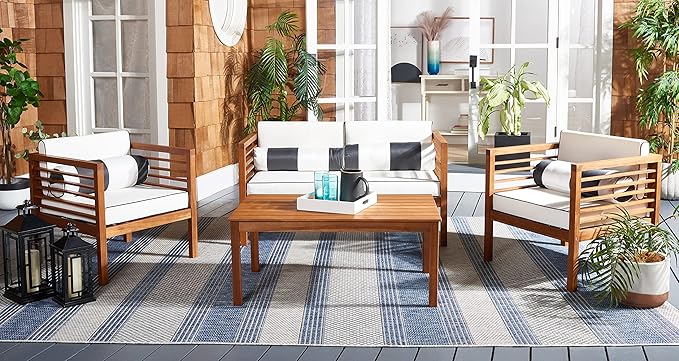 SAFAVIEH Outdoor Collection Alda Natural/Beige Cushion with Black Piping/Stripe Bolster Pillow 4-Piece Conversation Patio Set