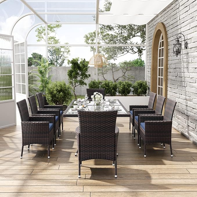 ALAULM 10 Piece Patio Dining Set All-Weather Wicker Outdoor Dining Table and Chairs w/Tempered Glass Tabletop, Removable Cushions and Umbrella Hole for Patio, Backyard, Garden, Poolside -DarkBu