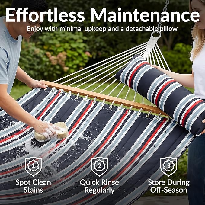 Sunnydaze Quilted Double Hammock for Outside with Spreader Bars and Pillow - 450 lb Capacity, 74x55 Inch Bed, UV Resistant, Quick Dry - Chains Included, Stand Sold Separately - Nautical Stripe