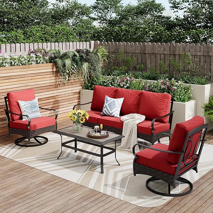 PHI VILLA Outdoor Modern Patio Furniture Set, Upgraded Wicker & Metal Patio Furniture Conversation Set with Waterproof Thick Cushions for Porch, Poolside, Yard (4 Pieces,Red)