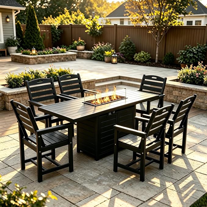PIZZELLO 7 Pieces Patio Furniture Set w/ 60" Gas Fire Pit Table and 6 HDPE Patio Dining Chairs, Outdoor Conversation Set 50,000 BTU Aluminum Propane Fire Pit Patio Chairs Set of 6 for Backyard