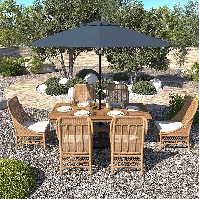 California Umbrella 9' Round Aluminum Market Umbrella, Crank Lift, Push Button Tilt, Black Pole, Pacifica