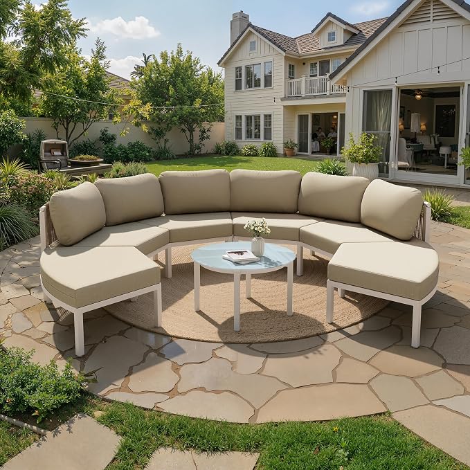 Crestlive Curved Patio Furniture Set, Modular Half Moon 6-Seater Sofa with Round Coffee Table, Aluminum Outdoor Sectional with 4.3" Cushions, All-Weather Couch for Backyard, Deck, Porch, Poolside
