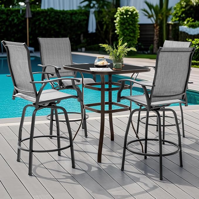 NUU GARDEN 5 PCS Patio Bar Set,Glass Square Table andSwivel Stools