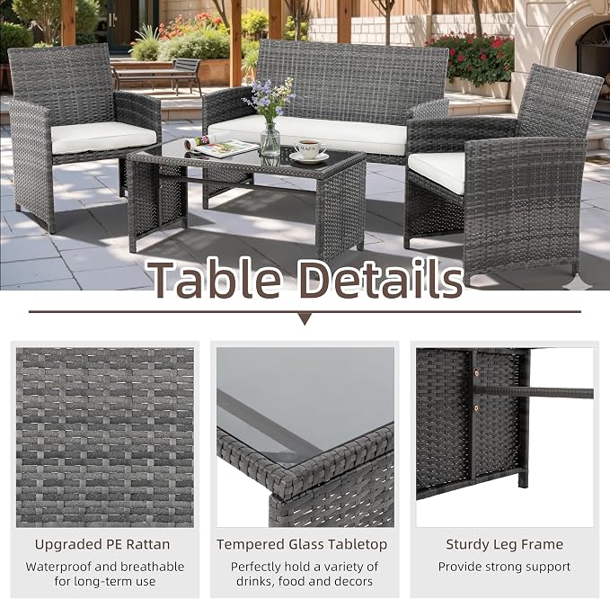 4 Piece Patio Ratten Set Outdoor Furniture Set Wicker Conversation Set with Cushions and Tempered Glass Tabletop,Beige