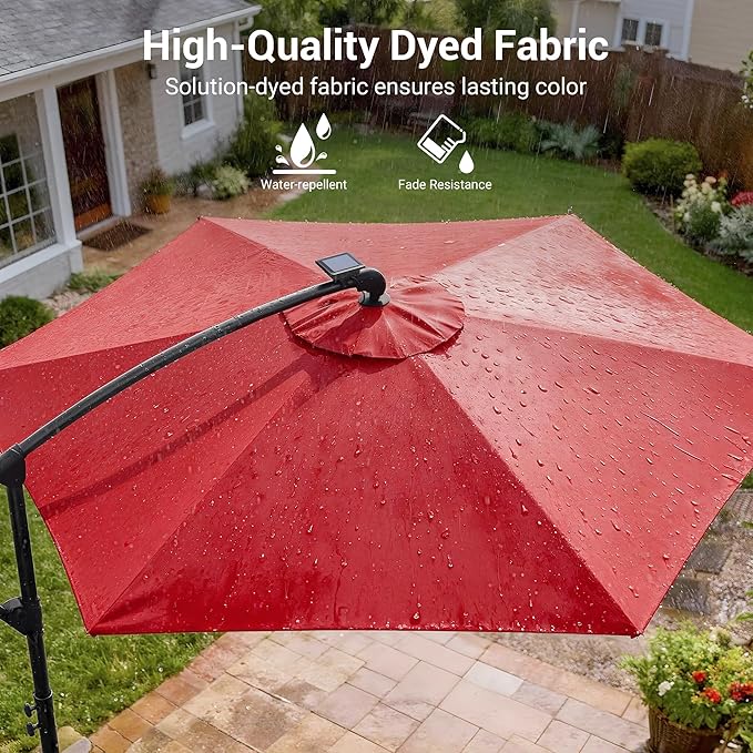 10ft Offset Patio Umbrella with Solar Light Strips,Outdoor Cantilever Hanging Umbrella with Cross Base, Fade Resistant Recycled Fabric, for Pool, Deck, Garden,Backyard,