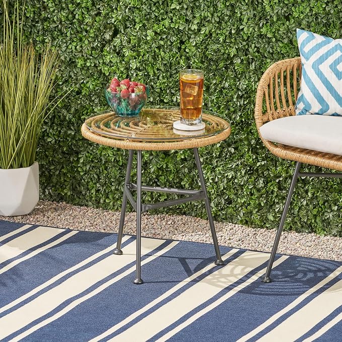 Penau Outdoor Round Faux Rattan Side Table with Tempered Glass Top, Steel Frame, Light Brown, 19.5 x 19.5 x 18.5 Inchs, Modern Balcony Porch Deck End Table