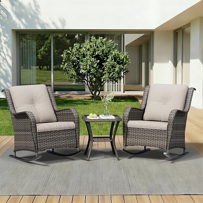 3 Piece Outdoor Wicker Patio Furniture Set, Outdoor Rocking Chair with Thickened Olefin Cushions, High Back and Deep Seating, Hand-Woven PE Rattan for Porch, Deck, Balcony, Beige