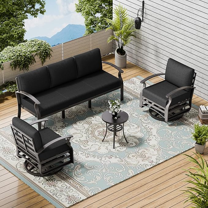 Patio Furniture Set 3-Piece Aluminum Armrest Sofa, All-Weather Patio Conversation Set with Tempered Glass Top Table & Removable Sponge Cushions for Backyard Poolside - Black.