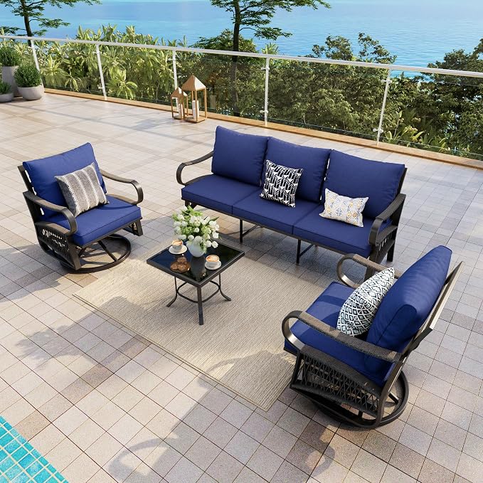 4 Pieces Outdoor Furniture Set, Patio Conversation Set with Swivel Rocking Chairs Sets and 3-Seater Couch Sofa for Deck, Porch, Garden, Backyard, Poolside (Blue Cushions)