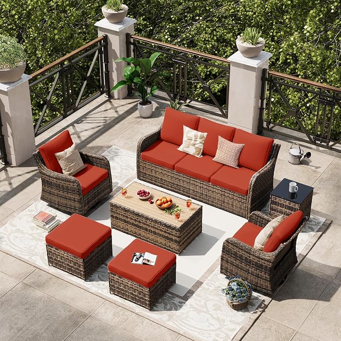 MEISSALIVVE 7 Pieces Patio Furniture Set with Swivel Chair, Outdoor Patio Conversation Set, Patio Sectional Furniture Set with 2 Swivel Rocker Patio Chair and Sofa, 2 Ottomans and Coffee Table (Red)