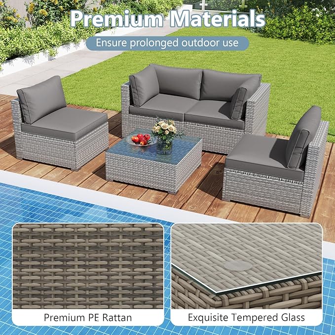 Tangkula 10-Piece Outdoor Patio Sectional Sofa Couch, PE Rattan Conversation Set w/Glass Coffee Table & Cushions, Outdoor Furniture Set w/Sturdy Metal Frame for Garden Poolside Backyard