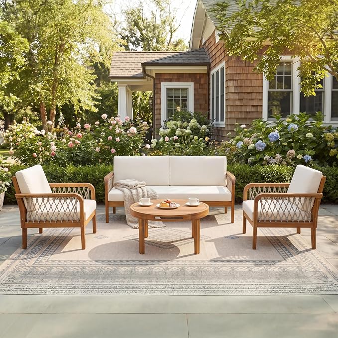 4-Piece Patio Conversation Set, All Weather Sectional Sofa Set w/ 2 Chairs, Loveseat & Round Coffee Table, Acacia Wood Outdoor Furniture Set with Rope Woven Armrests and Cushions (Teak-6.9)