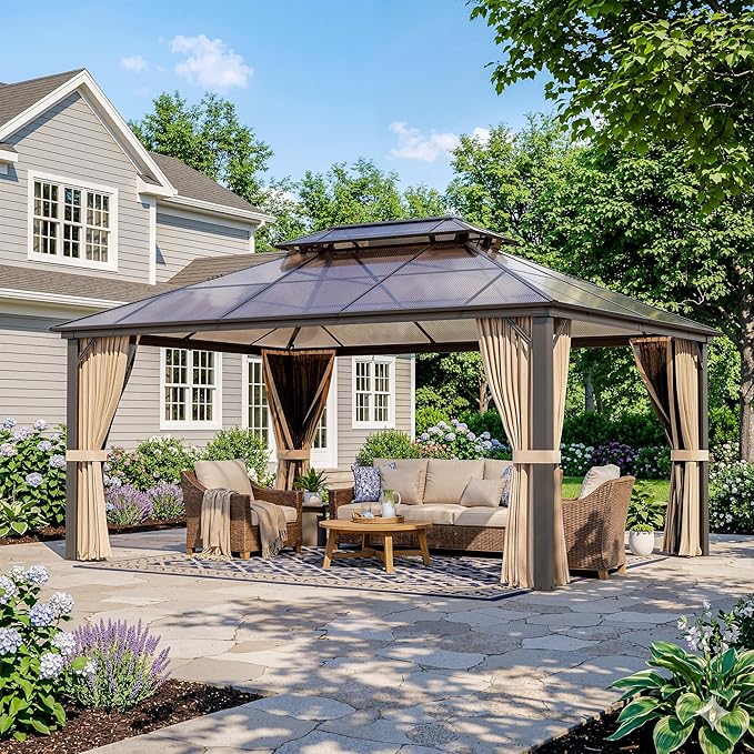 AirWire 12'x16' Hardtop Gazebo, Outdoor Polycarbonate Roof Canopy, Aluminum Frame Permanent Pavilion with Curtains and Netting, Sunshade for Garden, Patio, Lawns