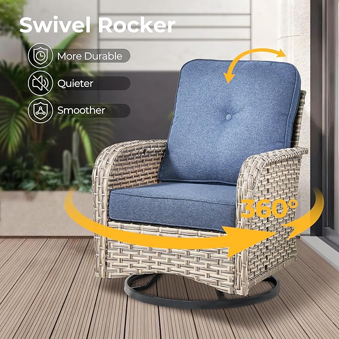 HOOOWOOO Outdoor Patio Furniture Set with Fire Pit Table,11 Pieces Wicker Out Door Sectional Furniture L Shaped Couch,Outside Patio Conversation Sets Swivel Chair,Denim Blue