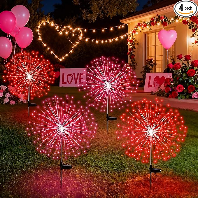 Tujoe 4 Pack Valentines Day Solar Firework Lights 180 LED 8 Lighting Modes Waterproof Solar Lamps Decorative Garden Stake Lights for Valentines Wedding Party Pathway Patio Decor