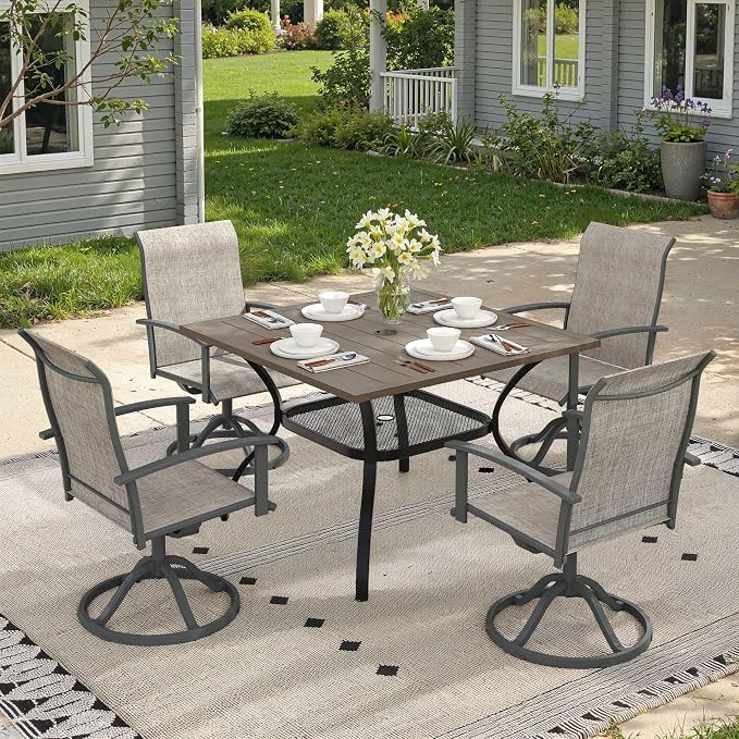 5 Pieces Patio Dining Set, Outdoor Furniture of 37.8" Square Patio Table and Patio Swivel Chairs for Backyard Lawn Garden, Grey Table and Grey Chairs