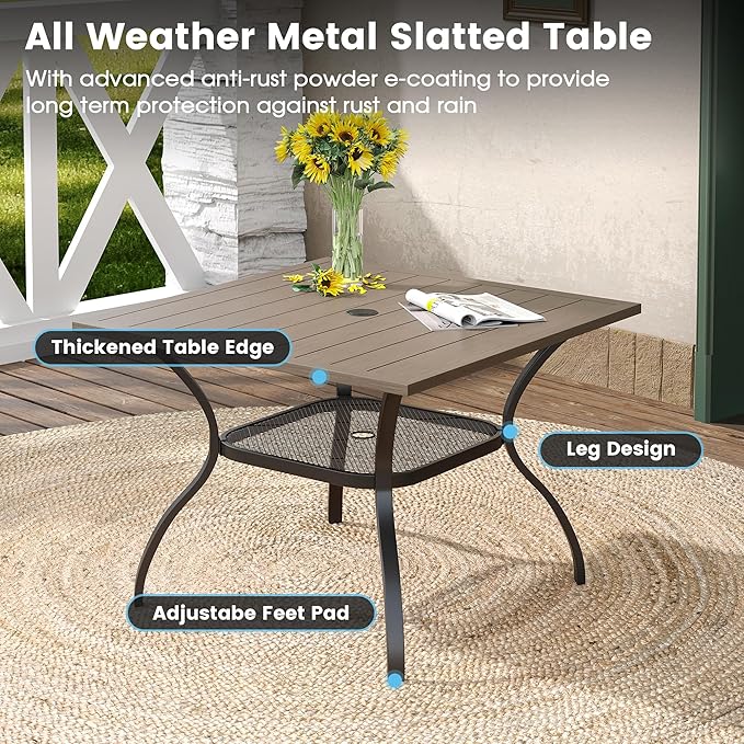 DIFY 5 Pieces Outdoor Dining Table Chair Set, Patio Dining Set with 1 Grey Wood-Like Square Curved Legs Table with and Umbrella Hole & 4 Grey Stackable with Armrests Chairs for Lawn, Garden, Porch