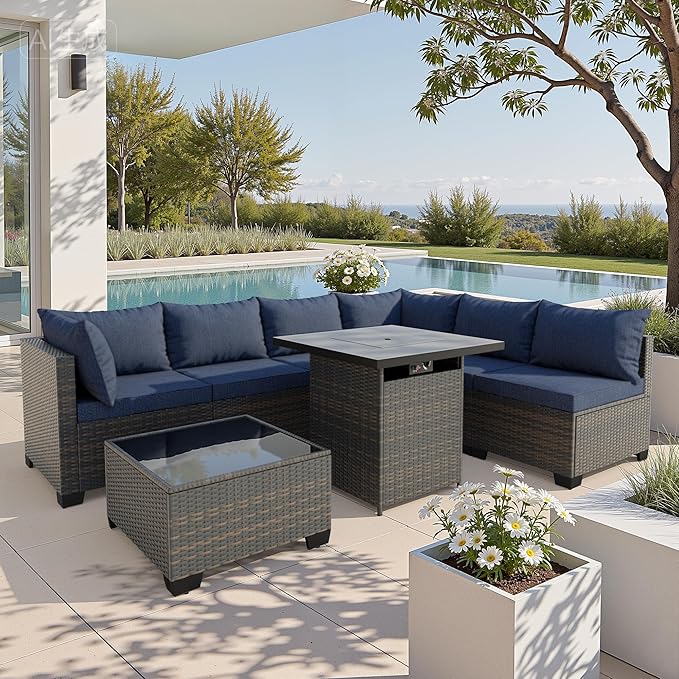 WWR Patio Furniture Set with 50000 BTU Propane Fire Pit Table 8 Piece, Wicker Outdoor Patio Conversation Set, Waterproof Rattan Patio Couch Set for Backyard, Deck & Garden, Black/Navy Blue