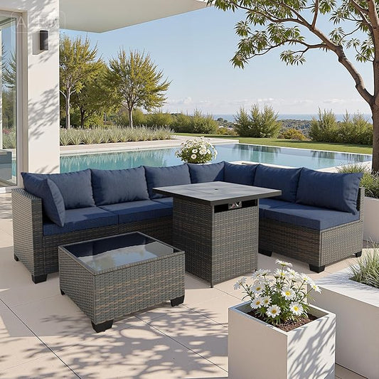 WWR Patio Furniture Set with 50000 BTU Propane Fire Pit Table 8 Piece, Wicker Outdoor Patio Conversation Set, Waterproof Rattan Patio Couch Set for Backyard, Deck & Garden, Black/Navy Blue