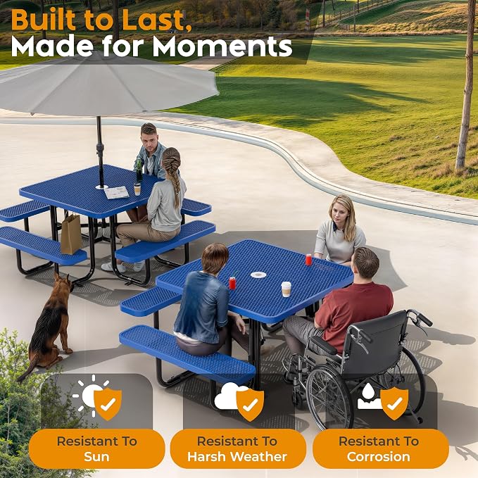 Metal Picnic Tables for Outdoors with Umbrella Hole - Coated Steel Heavy Duty Commercial Grade Furniture (Blue, 46 in, Square, Expanded Steel)
