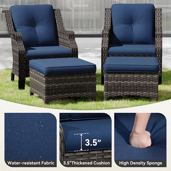 Wicker Patio Furniture Set - 4 Piece Rattan Outdoor Conversation Sets with 2 Wicker Patio Chairs,2 Ottomans for Garden, Backyard, Balcony and Deck