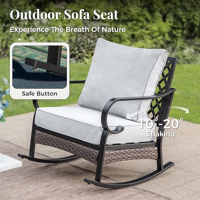 Patio Furniture Set with Coffee Table, Outdoor Conversation Set with 2 x Fixed Chairs, 2 x Rocking Chairs, 1 x 3-Seat Sofa for Lawn Garden Backyard, Light Grey
