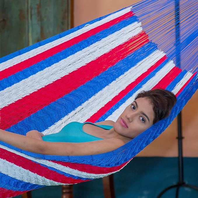 NOVICA Red White and Blue Striped Hand Woven Nylon Mayan 1 Person Patriotic Rope Hammock with Hanging Accessories, 'Patriotic' (Single)