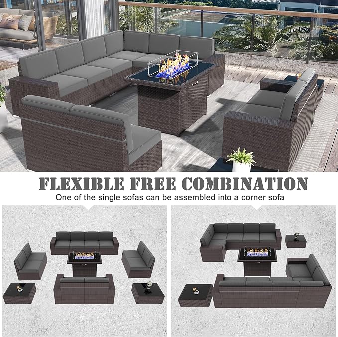 13 Pieces Patio Furniture Set with 44" Propane Gas Fire Pit Table, Outdoor Sectional Brown Rattan Wicker Conversation Sofa Sets with Coffee Table