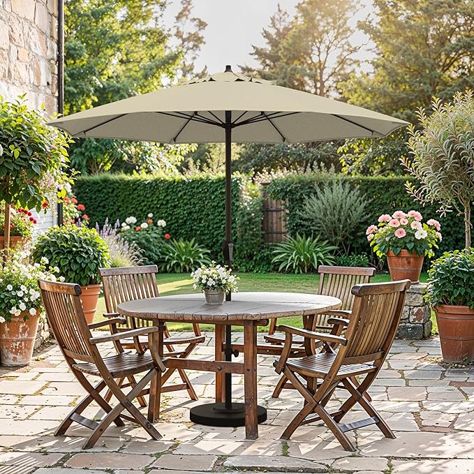 California Umbrella 12-Year Protection 7.5-Ft Outdoor Patio Umbrella, Sunbrella Fade-Resistant Fabric, Auto-Tilt, Heavy Duty Aluminum Frame, 8 Reinforced Ribs for Pool or Deck, Bronze Pole, Beige