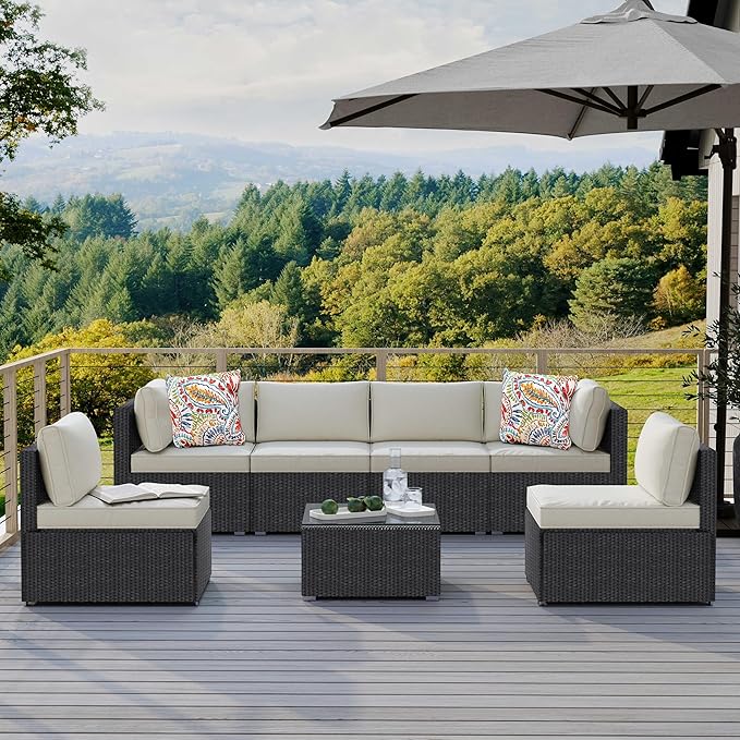 7-Piece Outdoor Patio Furniture Set – Handwoven All-Weather Rattan & 4” Thick Waterproof Cushions, Wicker Outdoor Conversation Sets with Coffee Table for Deck, Backyard, Garden, Black/Beige