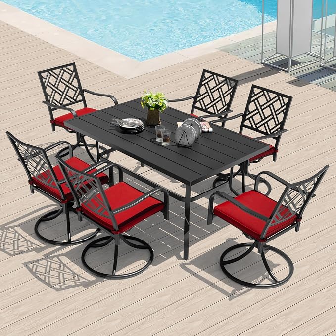 NUU GARDEN 7 Piece Outdoor Patio Dining Set, 61" x 37" Rectangle Table with Umbrella Hole and 6 Swivel Chairs with Red Cushions, for Lawn Balcony Garden, Black and Red