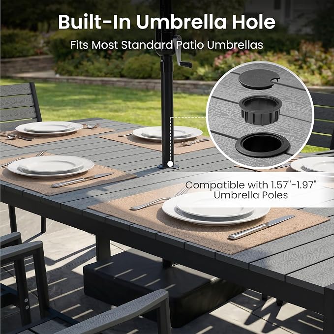 Crestlive Outdoor Dining Table for 8, Patio Table with Umbrella Hole, Aluminum Frame & WPC Wood-Like Tabletop, Ideal for Garden, Backyard, and Indoor