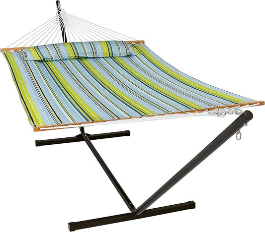 Sunnydaze Quilted Double Hammock with Stand for Outside - 350-Pound Capacity 2-Person Hammock with Stand - 12-Foot Stand - Blue and Green