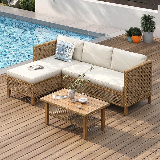 PHI VILLA Outdoor Sectional Couch, Wicker Patio Furniture Set with Cushions and Acacia Wood Coffee Table, L-Shape Small Outdoor Corner Sofa Set for Deck or Porch, 4 Seats, Beige