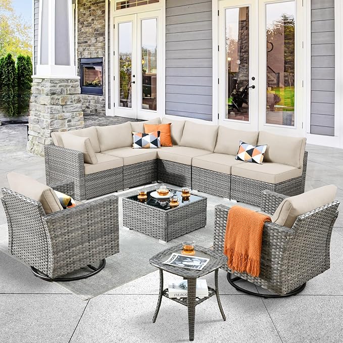 ovios Outdoor 10 Piece Coversation Set with Swivel Rocking Chair,Sectional Patio Furniture Set with All-Weather Wicker Sofa,Modern Outside Couch for Balcony Backyard Pool, Beige