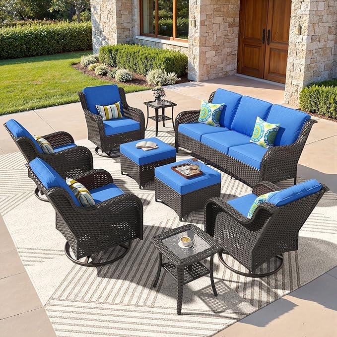 ovios 9-Piece Patio Furniture Set with Swivel Chairs Coffee Table, Outdoor Wicker Sofa with Comfy Cushions, High Back Couch Modern Conversation Sets, Brown/Navy Blue
