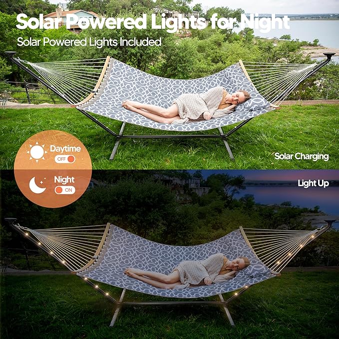 SUNCREAT Double Outdoor Hammock with 12 ft Stand, Solar Powered Lights, 2 Person Hammocks for Outside, Grey