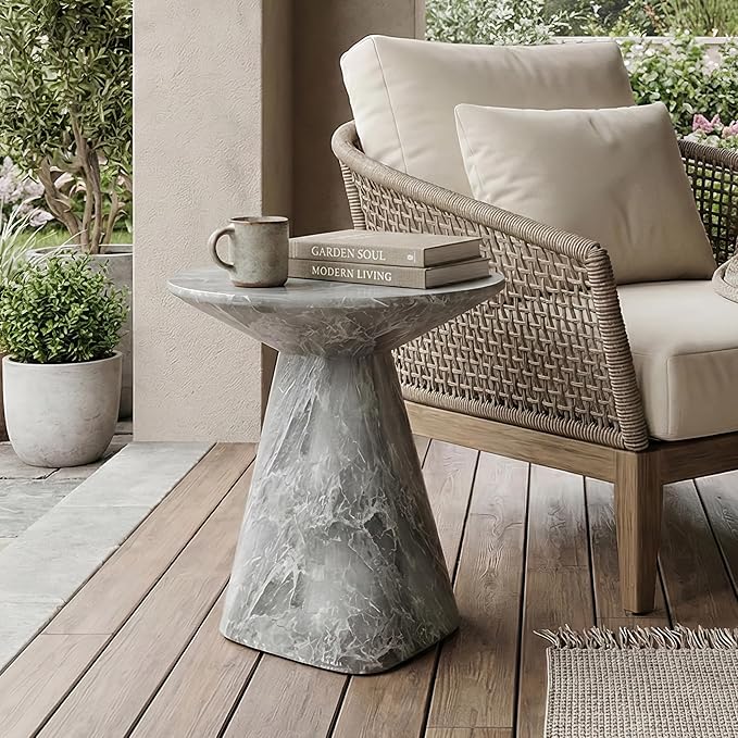24/7 Shop at Home Ranera Modern 18-inch Natural Stone Side Table with Angular Pedestal Base, Marble Nightstand, Geometric Patio End Table, for Living Room, Covered Outdoor Spaces, Balcony, Gray Marble