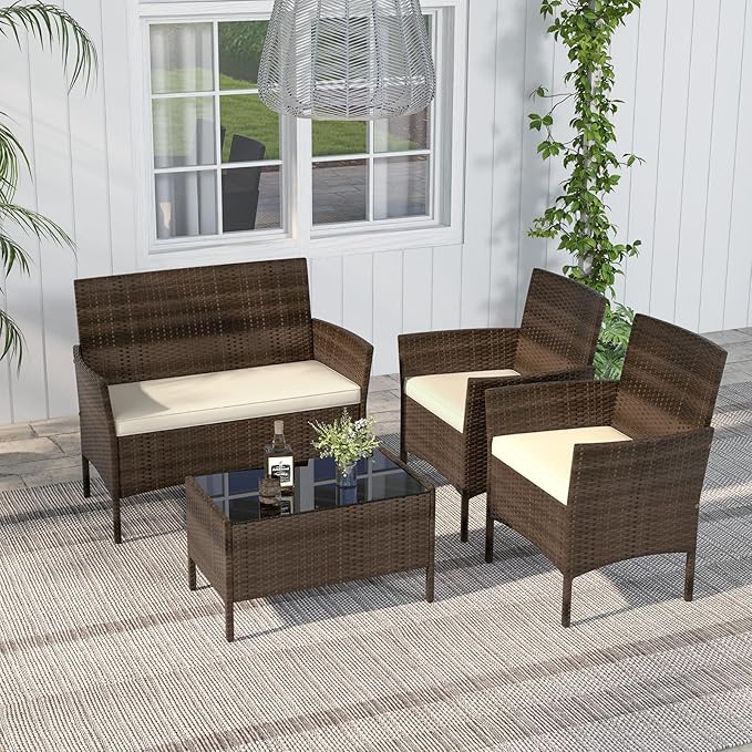 RELAX4LIFE 4-Piece Patio Furniture Set - Rattan Outdoor Conversation Bistro Set w/Cushions, Glass Coffee Table, Wicker Chairs & Loveseat for Garden Backyard Porch, Balcony Furniture Set (1, Beige)