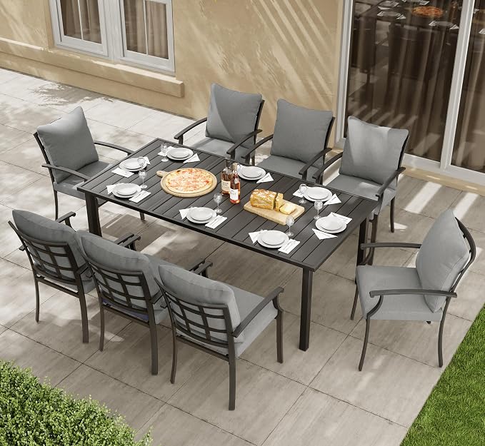 HAPPATIO 9-Piece Patio Dining Set, Outdoor Dining Set with Powder-Coated Metal,Dining Table with Umbrella Hole, 8 Stackable Chairs with Removable Cushions for Porch Poolside Garden,Grey