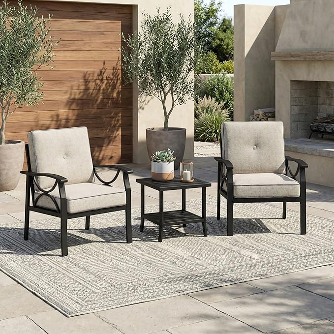 RoyalCraft Outdoor Patio Furniture Set, 3 Piece Patio Conversation Set, Metal Furniture Set for Porch Backyard,Khakiwith Gray Cushions,Black