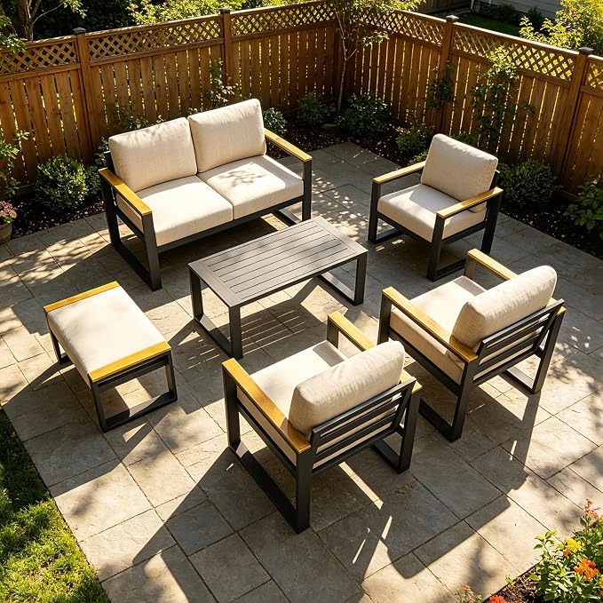 IDEALHOUSE Aluminum Outdoor Patio Furniture - 1 Pcs Loveseat and Coffee Table, All-Weather Metal Modern Outside Furniture with Washable Thick Cushion for for Balcony, Garden, Deck, Backyard,Beige