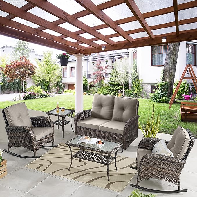 Belord 5 Piece Outdoor Conversation Patio Furniture Set - All-Weather Wicker Patio Rocking Chairs with Loveseat Glider Chair and Coffee Table for Patio Deck Porch Backyard Gray Cushion